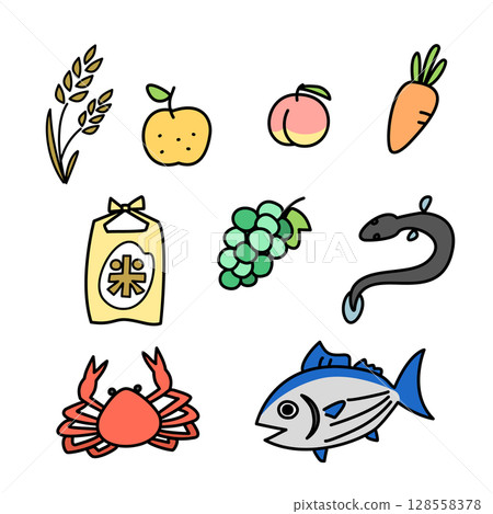 Illustration set of gifts in return for hometown tax donations 128558378