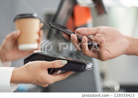 Payment with Smartphone at Coffee Shop - Modern Technology and Convenience in Everyday Transactions 128558423