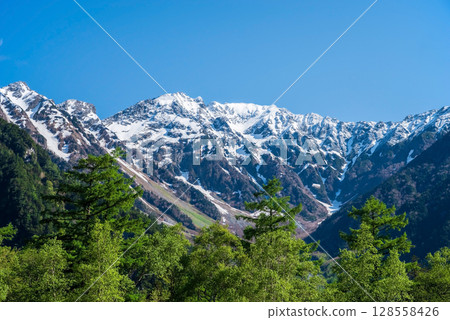 上高地風景“殘雪的穗高山脈” 上高地風景“殘雪的穗高山脈” 128558426