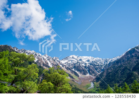 Scenery of Kamikochi "Hotaka mountain range with remaining snow" 128558430