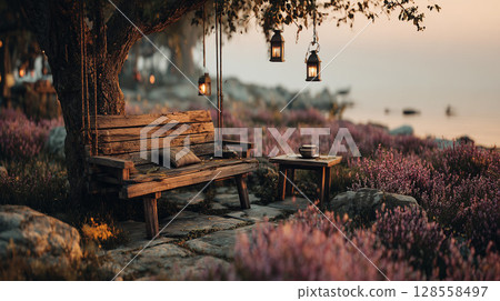 Lavender fields and wooden benches lit by lanterns by the lake Lavender fields and wooden benches lit by lanterns by the lake 128558497
