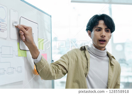 Young Professional Presenting UX UI Design Concepts on Whiteboard in Modern Office Setting 128558918