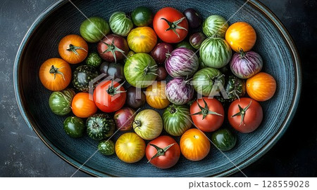 Colorful heirloom tomatoes in rustic bowl overhead view 128559028