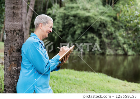 Senior Woman Enjoying Outdoor Sketching by a Tranquil Lake in a Lush Green Park Senior Woman Enjoying Outdoor Sketching by a Tranquil Lake in a Lush Green Park 128559153