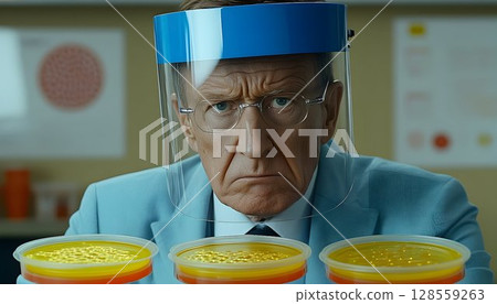 Intense gaze of a scientist examining petri dishes through a pro 128559263