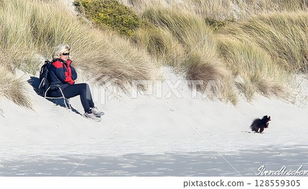 Woman and dog on sandy beach dune bright sunlight outdoor scene 128559305
