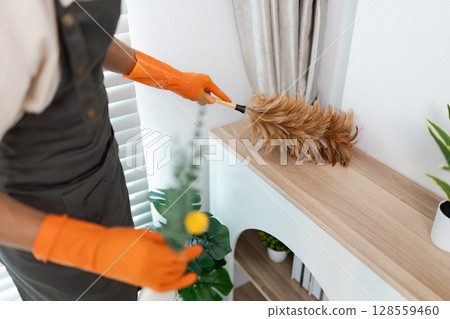 Professional Housekeeper Dusting a Shelf with Feather Duster in a Modern Home Interior Professional Housekeeper Dusting a Shelf with Feather Duster in a Modern Home Interior 128559460