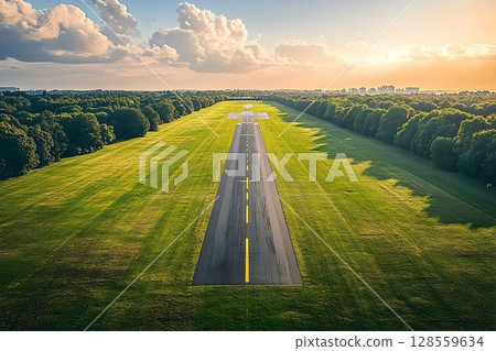 Aerial View of a Pristine Runway Amidst Lush Green Trees and Cit 128559634