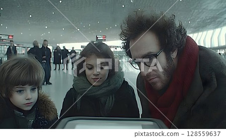 Family looking at a digital device in a modern building Family looking at a digital device in a modern building 128559637