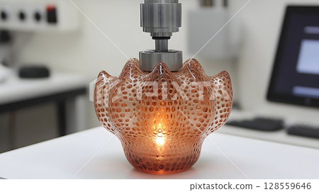 Illuminated textured glass object held by mechanical device 128559646