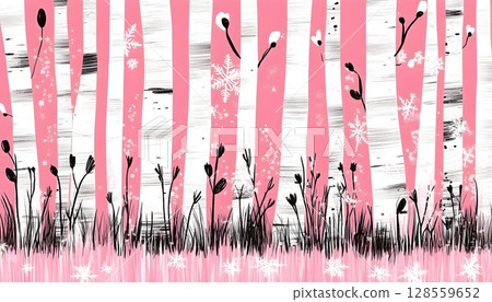 Pink Birch Forest Winter Scene with Delicate Flowers Pink Birch Forest Winter Scene with Delicate Flowers 128559652