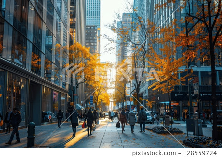 A busy city street with people walking and cars driving 128559724