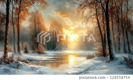 Tranquil winter sunset landscape snow covered forest river scene 128559754