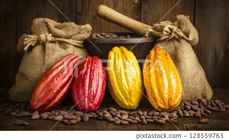 Colorful cocoa pods and beans with sacks and mortar Colorful cocoa pods and beans with sacks and mortar 128559763