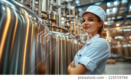 Confident female worker in food processing plant industrial setting stainless steel equipment 128559766