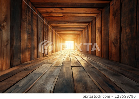 A long, narrow room with wooden walls and floors 128559796