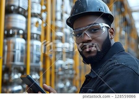 Portrait of a worker using smartphone in industrial facility 128559866
