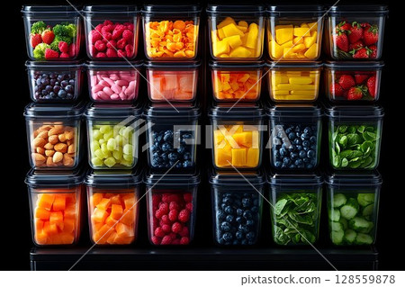 Colorful Fresh Produce in Stacked Clear Food Storage Containers Colorful Fresh Produce in Stacked Clear Food Storage Containers 128559878