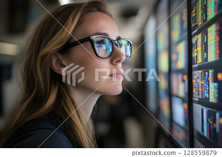 Focused Woman Observing Data Screens in a Modern Workspace 128559879