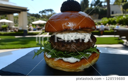 Gourmet Truffle Burger with Black Caviar on Outdoor Patio 128559880