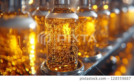 Golden Liquid Bottles in a Production Line, Sparkling with Bubbl 128559887