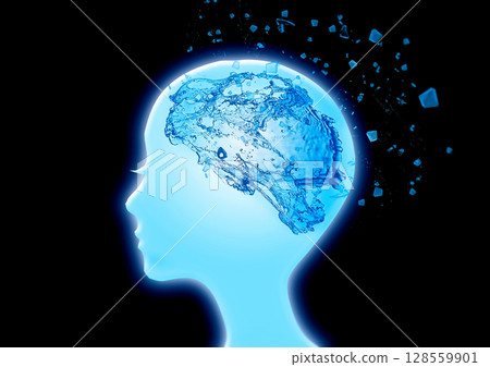 3d illustration of human profile silhouette and water brain 128559901