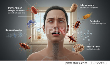 人工智慧生成的圖像：一位因過敏性鼻炎而打噴嚏的女性，春天的戶外場景 128559902