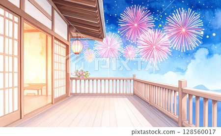 夏夜,私人住宅陽台上綻放的水彩煙火 夏夜,私人住宅陽台上綻放的水彩煙火 128560017