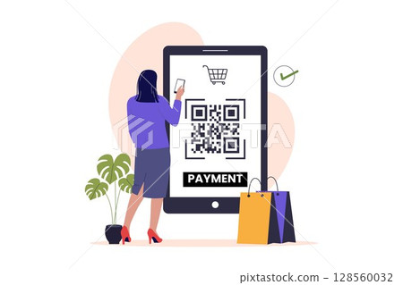Woman Using QR Code for Contactless Payment on Digital Screen 128560032