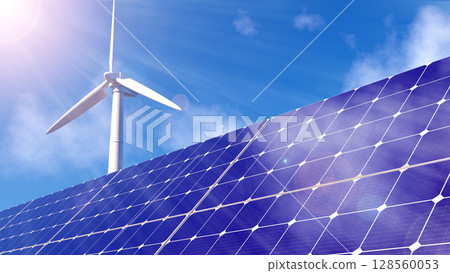 Wind turbines and solar panels paint a renewable energy future 128560053