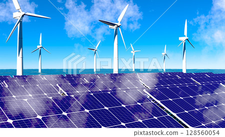 離岸風力渦輪機和太陽能電池板描繪了再生能源的未來 128560054