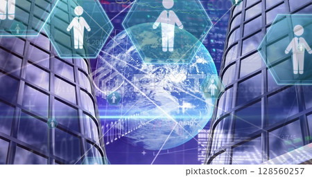 Image of digital people icons, globe and data processing in background Image of digital people icons, globe and data processing in background 128560257
