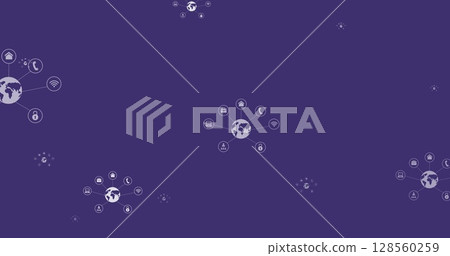 Image of white globes with network of digital icons flying up on purple background Image of white globes with network of digital icons flying up on purple background 128560259