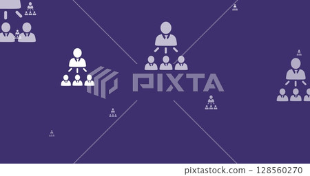 Image of networks of white people icons flying up over purple background Image of networks of white people icons flying up over purple background 128560270