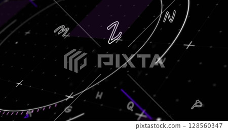 Image of circles and letters on black background 128560347