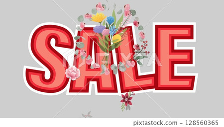 Image of sale text over meadow flowers moving in hypnotic motion 128560365