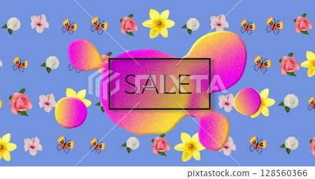 Image of sale text over splodges and flowers moving in hypnotic motion 128560366