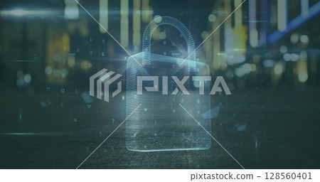 Image of online security padlock over cyber attack warning and cityscape 128560401