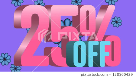 Image of 25 percent off text over flowers moving in hypnotic motion 128560429