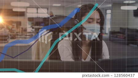 Image of data processing with blue lines over woman wearing face mask in office Image of data processing with blue lines over woman wearing face mask in office 128560437