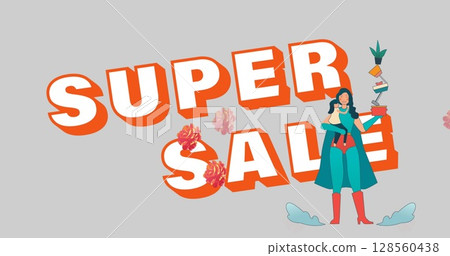 Image of superhero mum and super sale text over flowers moving in hypnotic motion 128560438