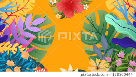 Image of flowers moving in hypnotic motion on orange background 128560444