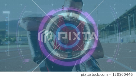 Image of scope scanning over disabled male athlete with running blades on racing track Image of scope scanning over disabled male athlete with running blades on racing track 128560446