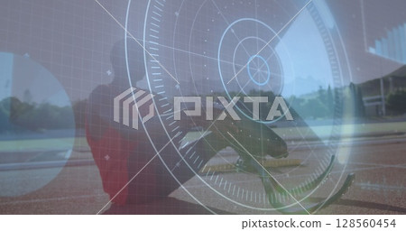 Image of data processing over disabled male athlete with running blades on racing track Image of data processing over disabled male athlete with running blades on racing track 128560454
