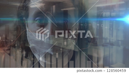 Image of data processing over woman wearing face mask 128560459