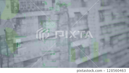 Image of statistics and data processing over shelves in shop 128560463