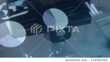 Image of statistics and data processing over cash till monitor 128560464