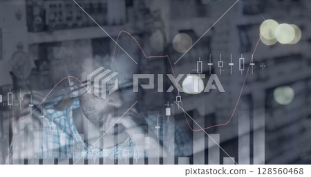 Image of man using computer, statistics and data processing over shelves in shop Image of man using computer, statistics and data processing over shelves in shop 128560468