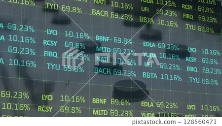 Image of financial data processing over rows of milk in shop 128560471