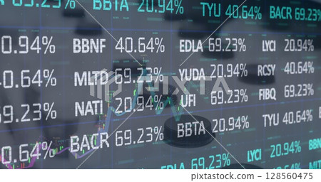 Image of financial data processing over rows of milk bottles Image of financial data processing over rows of milk bottles 128560475